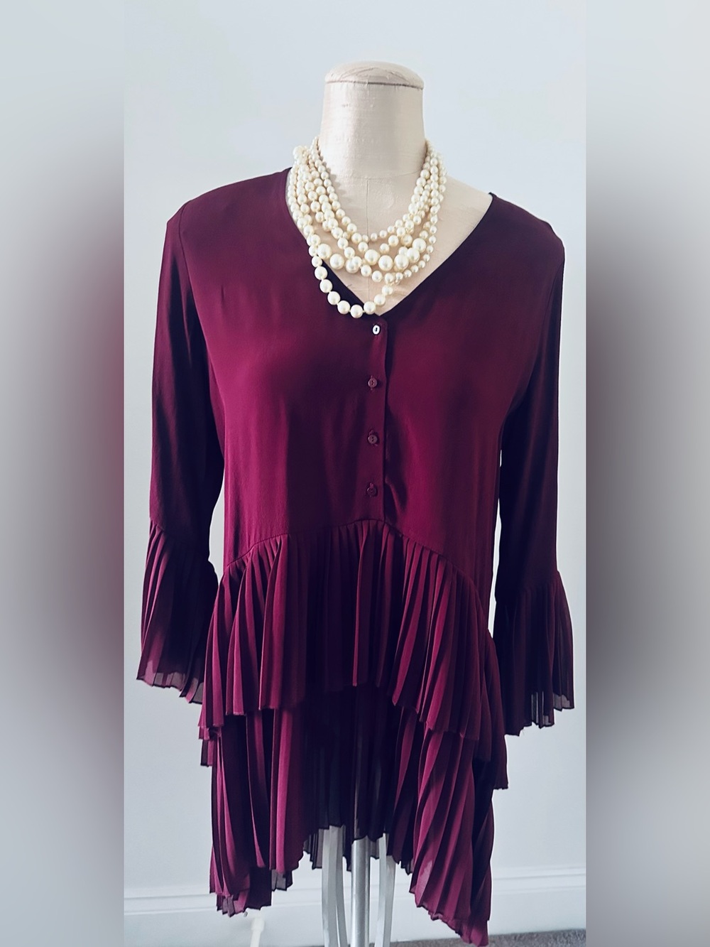 Zara Women's Deep Burgundy Pleated Tiered Button-Front Tunic